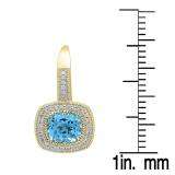 3.00 Carat (ctw) 10K Yellow Gold Cushion Cut Blue Topaz & Round Diamond Ladies Halo Style Dangling Drop Earrings 3 CT