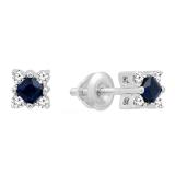0.35 Carat (ctw) 18K White Gold Princess Cut Blue Sapphire And Round White Diamond Ladies Square Shape Stud Earrings 1/3 CT
