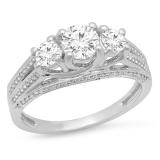 1.15 Carat (ctw) 10K White Gold Round Diamond Ladies Vintage Bridal 3 Stone Engagement Ring