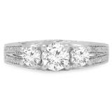 1.15 Carat (ctw) 10K White Gold Round Diamond Ladies Vintage Bridal 3 Stone Engagement Ring