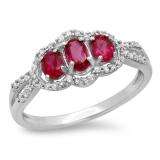1.40 Carat (ctw) 10K White Gold Round Cut White Diamond & Oval & Round Cut Lab Created Ruby Ladies Bridal 3 Stone Split Shank Engagement Ring