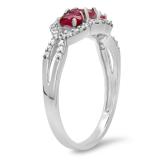 1.40 Carat (ctw) 10K White Gold Round Cut White Diamond & Oval & Round Cut Lab Created Ruby Ladies Bridal 3 Stone Split Shank Engagement Ring