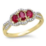 1.40 Carat (ctw) 18K Yellow Gold Round Cut White Diamond & Oval & Round Cut Lab Created Ruby Ladies Bridal 3 Stone Split Shank Engagement Ring