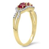 1.40 Carat (ctw) 18K Yellow Gold Round Cut White Diamond & Oval & Round Cut Lab Created Ruby Ladies Bridal 3 Stone Split Shank Engagement Ring