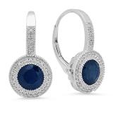2.90 Carat (ctw) 10K White Gold Round Blue Sapphire & White Diamond Ladies Halo Style Dangling Drop Earrings