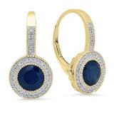 2.90 Carat (ctw) 10K Yellow Gold Round Blue Sapphire & White Diamond Ladies Halo Style Dangling Drop Earrings