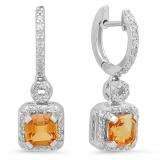 1.80 Carat (ctw) 14K White Gold Asscher Citrine & Round Cut White Diamond Ladies Halo Style Dangling Earrings