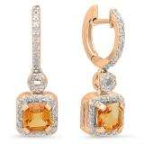 1.80 Carat (ctw) 18K Rose Gold Asscher Citrine & Round Cut White Diamond Ladies Halo Style Dangling Earrings