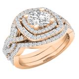 1.65 Carat (ctw) 18K Rose Gold Round Cut White Diamond Ladies Bridal Split Shank Halo Engagement Ring With Two Matching Band Set