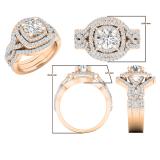 1.65 Carat (ctw) 18K Rose Gold Round Cut White Diamond Ladies Bridal Split Shank Halo Engagement Ring With Two Matching Band Set