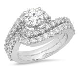 2.10 Carat (ctw) 10K White Gold Round White Diamond Ladies Swirl Bridal Engagement Ring Matching Band Set