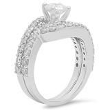 2.10 Carat (ctw) 10K White Gold Round White Diamond Ladies Swirl Bridal Engagement Ring Matching Band Set