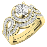 1.30 Carat (ctw) 10K Yellow Gold Round Cut White Cubic Zircona Ladies Bridal Swirl Split Shank Halo Engagement Ring With Matching Band Set