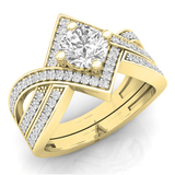 1.20 Carat (ctw) 14K Yellow Gold Round Cut White Cubic Zircona Ladies Bridal Swirl Split Shank Engagement Ring With Matching Band Set