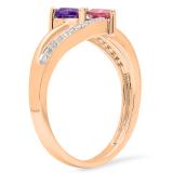 0.60 Carat (ctw) 10K Rose Gold Heart Cut Amethyst & Tourmaline & Round Cut White Diamond Ladies Bridal Double Heart Promise Ring