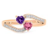 0.60 Carat (ctw) 10K Rose Gold Heart Cut Amethyst & Tourmaline & Round Cut White Diamond Ladies Bridal Double Heart Promise Ring
