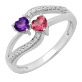 0.60 Carat (ctw) 10K White Gold Heart Cut Amethyst & Tourmaline & Round Cut White Diamond Ladies Bridal Double Heart Promise Ring