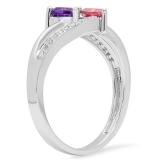 0.60 Carat (ctw) 10K White Gold Heart Cut Amethyst & Tourmaline & Round Cut White Diamond Ladies Bridal Double Heart Promise Ring