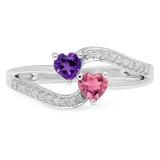 0.60 Carat (ctw) 10K White Gold Heart Cut Amethyst & Tourmaline & Round Cut White Diamond Ladies Bridal Double Heart Promise Ring