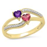 0.60 Carat (ctw) 10K Yellow Gold Heart Cut Amethyst & Tourmaline & Round Cut White Diamond Ladies Bridal Double Heart Promise Ring