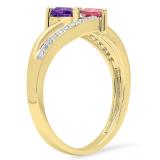 0.60 Carat (ctw) 10K Yellow Gold Heart Cut Amethyst & Tourmaline & Round Cut White Diamond Ladies Bridal Double Heart Promise Ring