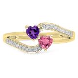 0.60 Carat (ctw) 10K Yellow Gold Heart Cut Amethyst & Tourmaline & Round Cut White Diamond Ladies Bridal Double Heart Promise Ring