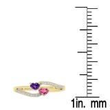 0.60 Carat (ctw) 10K Yellow Gold Heart Cut Amethyst & Tourmaline & Round Cut White Diamond Ladies Bridal Double Heart Promise Ring