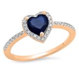 1.10 Carat (ctw) 10K Rose Gold Heart Cut Blue Sapphire & Round Cut White Diamond Ladies Heart Shaped Bridal Engagement Ring 1 CT