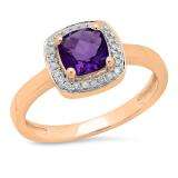 0.90 Carat (ctw) 10K Rose Gold Cushion Cut Amethyst & Round White Diamond Ladies Bridal Engagement Ring