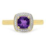 0.90 Carat (ctw) 10K Yellow Gold Cushion Cut Amethyst & Round White Diamond Ladies Bridal Engagement Ring