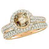 1.30 Carat (ctw) 18K Rose Gold Round Champagne & White Diamond Ladies Halo Style Bridal Engagement Ring Set