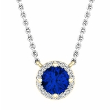 0.90 Carat (ctw) 14K Yellow Gold Round Cut Blue Sapphire And White Diamond Ladies Halo Style Pendant (Silver Chain Included)