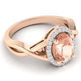 1.60 Carat (ctw) 14K Rose Gold Oval Cut Morganite & Round White Diamond Ladies Halo Style Split Shank Bridal Engagement Ring