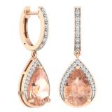 6.30 Carat (ctw) 10K Rose Gold Pear Cut Morganite & Round Cut White Diamond Ladies Dangling Drop Earrings