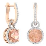 4.20 Carat (ctw) 18K Rose Gold Round Cut Morganite & White Diamond Ladies Dangling Drop Earrings