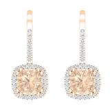 2.25 Carat (ctw) 10K Rose Gold Cushion Cut Morganite & Round White Diamond Ladies Dangling Drop Earrings 2 1/4 CT