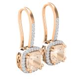 2.25 Carat (ctw) 10K Rose Gold Cushion Cut Morganite & Round White Diamond Ladies Dangling Drop Earrings 2 1/4 CT