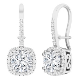 2.26 Carat Cushion & Round Cubic Zirconia Double Prong French Wire Drop Earrings, 925 Sterling Silver 