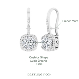 2.26 Carat Cushion & Round Cubic Zirconia Double Prong French Wire Drop Earrings, 925 Sterling Silver 