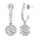 1.82 Carat Center & Side Round Cubic Zirconia Four Prong Halo Style Dangle Earrings, 925 Sterling Silver in Push Back