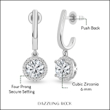 1.82 Carat Center & Side Round Cubic Zirconia Four Prong Halo Style Dangle Earrings, 925 Sterling Silver in Push Back