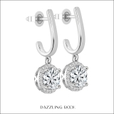 1.82 Carat Center & Side Round Cubic Zirconia Four Prong Halo Style Dangle Earrings, 925 Sterling Silver in Push Back