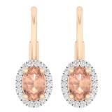 1.20 Carat (ctw) 10K Rose Gold Oval Morganite & Round White Diamond Ladies Dangling Drop Earrings 1 1/5 CT