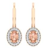 1.20 Carat (ctw) 18K Rose Gold Oval Cut Morganite & Round Cut White Diamond Ladies Halo Style Dangling Drop Earrings