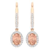 2.30 Carat (ctw) 18K Rose Gold Oval Cut Morganite & Round Cut White Diamond Ladies Halo Style Dangling Drop Earrings