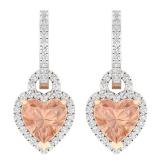 2.50 Carat (ctw) 18K Rose Gold Heart Cut Morganite & Round Cut White Diamond Ladies Heart Dangling Drop Earrings 2 1/2 CT