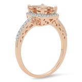 1.95 Carat (ctw) 10K Rose Gold Emerald Cut Morganite & Round Cut White Diamond Ladies Bridal Halo Style Engagement Ring