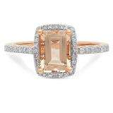 1.95 Carat (ctw) 10K Rose Gold Emerald Cut Morganite & Round Cut White Diamond Ladies Bridal Halo Style Engagement Ring