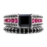 5.15 Carat (ctw) 10K White Gold Princess & Round Cut Black & Pink Cubic Zirconia Ladies Bridal Engagement Ring With Matching Band Set
