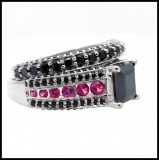 5.15 Carat (ctw) 10K White Gold Princess & Round Cut Black & Pink Cubic Zirconia Ladies Bridal Engagement Ring With Matching Band Set